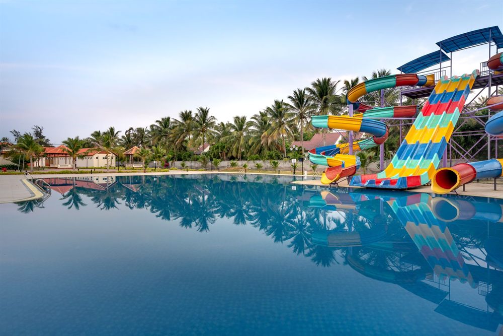 Colorful water slides beside a calm pool lined with palm trees